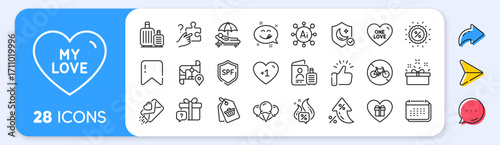 Discount, My love and Bicycle prohibited line icons. Interest rate, AI generate, Inflation icons. Pack of Guard, Map, Search puzzle icon. Secret gift, Calendar, Romantic gift pictogram. Vector