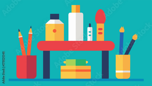 Art Supplies Table A vector image showing a table covered with various adaptive art supplies such as textured paintbrushes oversized pencils and paint tubes with ergonomic caps.