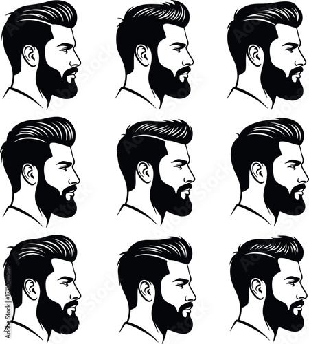 Modern male hairstyle and beard grooming collection in black and white profile illustrations showcasing trendy haircuts and facial hair styles.