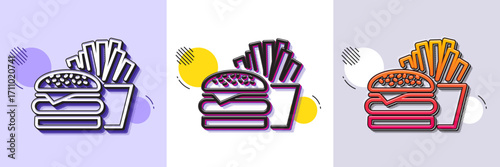 Burger with fries line icon. Halftone dotted pattern. Gradient icon with grain shadow. Fast food restaurant sign. Hamburger or cheeseburger symbol. Line burger icon. Various designs. Vector