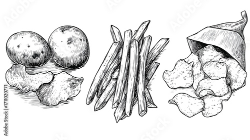 Traditional Vintage Vector Illustration of Delicious Crispy Potato French Fries
