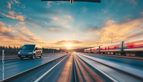depicting various types of transport. A truck, a passenger train, a city bus and an airplane against the backdrop of a sunset 
