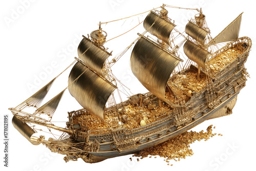 Ornate gold ship model, detailed rigging and sails
