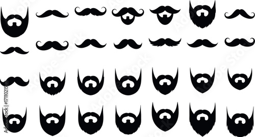 Set of black silhouette mustache and beard styles for men grooming, hipster fashion, barber shop, facial hair collection vector