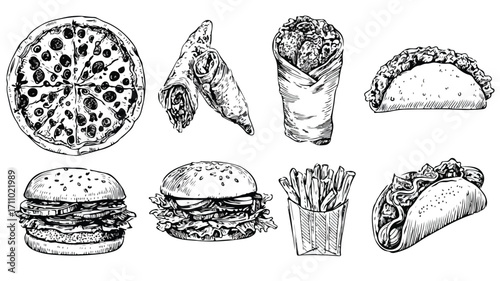 Vintage Pizza Shawarma Nuggets Illustration Set for Food Lovers and Restaurants