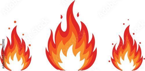 Three vibrant cartoon flames in different shapes on transparent background