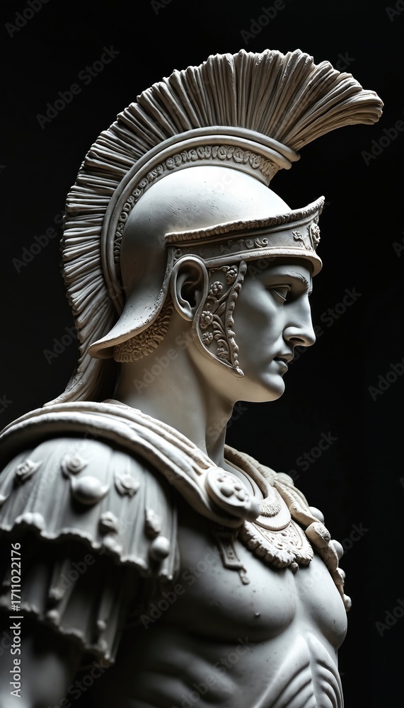 Obraz premium White marble statue of ancient Roman soldier in profile. Wears elaborate plumed helmet, detailed armor. Warrior sculpture embodies classical history, military power, stoic strength. Timeless antique