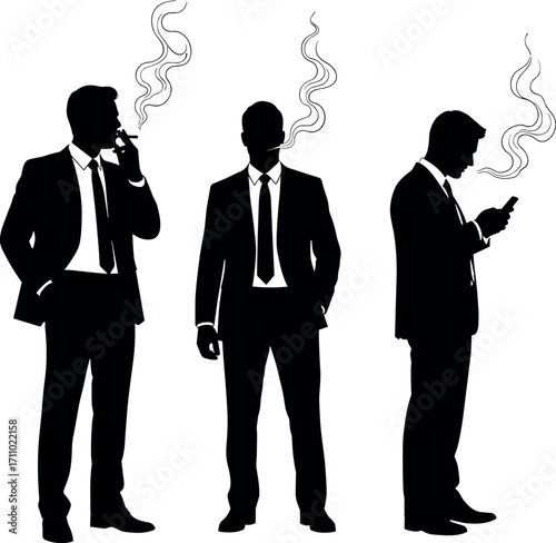 Silhouette of Businessmen Smoking Cigarettes While Using Smartphone – Stylish Vector of Corporate Lifestyle, Stress, and Modern Urban Habits