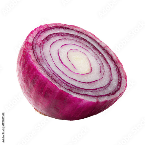 Close-up of a sliced red onion, revealing concentric layers