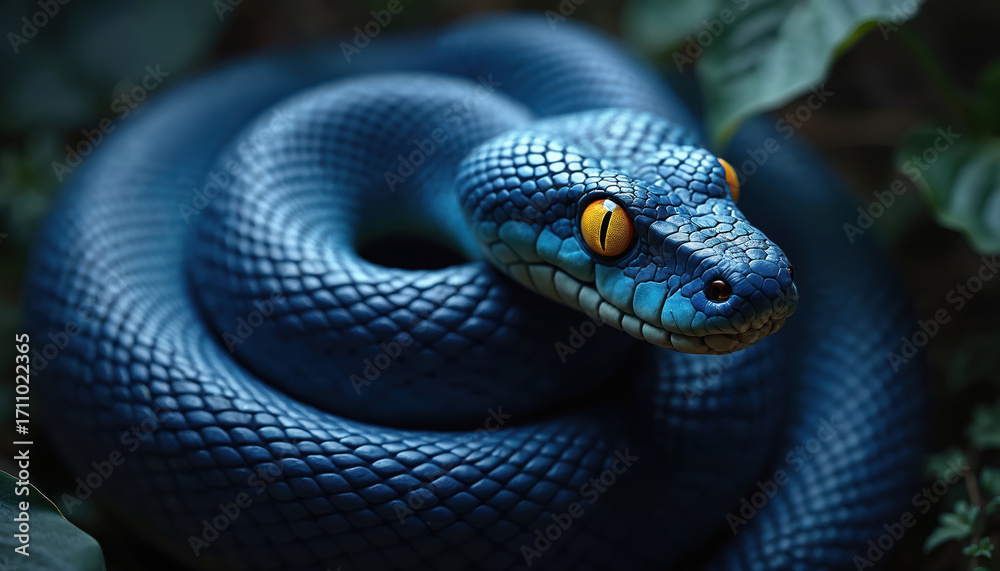 Fototapeta premium Blue snake with striking yellow eyes coils in dark foliage. Its detailed scales and flickering tongue suggest a hidden predator. The creature waits ominously amidst jungle plants.