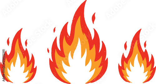 Three vibrant flame illustrations with detailed texture on transparent background