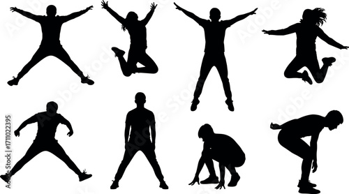 Silhouette people in dynamic poses jumping, crouching, dancing, standing, spreading arms and legs isolated on white background for motion concepts