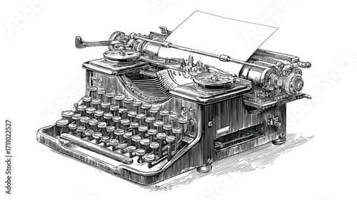 Vintage Typewriter & Blank Paper Sketch - Retro Office Equipment for Writing & Communication