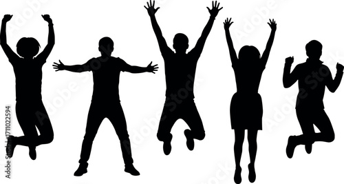 Silhouette people jumping in air with joyful poses, celebrating freedom, happiness, teamwork, energy, motion, success, and active lifestyle concept