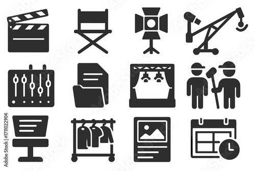 TV Production Icons. Solid style icons of TV production and behind the scenes: clapperboard, director chair, studio lights, camera