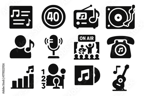 Radio Music Icons. Solid style icons of music on the radio: song playlist icon, top 40 badge, genre station icon, DJ turntable,