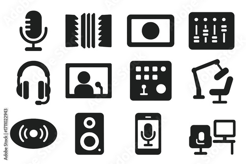 Radio Studio Icons. Solid style icons of radio studio setup: studio mic, acoustic panels, live sign board, mixing console,