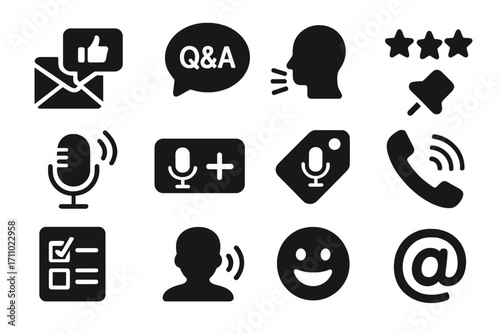 Podcast Engagement Icons. Solid style icons of listener engagement and interaction: feedback email icon, Q&A segment icon,