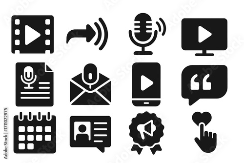 Podcast Promotion Icons. Solid style icons of podcast promotion and marketing: trailer clip icon, share wave, teaser soundbite,