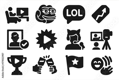Streaming Culture Icons. Solid style icons of streaming culture and trends: binge-watching icon, streamer meme symbol, chat slang