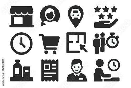 Local Business Icons. Solid style icons of local business reviews: store photo, staff comment, parking review, service rating,