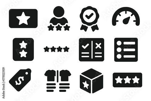 Solid Product Rating Icons. Solid style icons of product ratings: star product score, customer rating, verified buyer icon,
