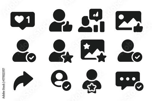 Social Media Metrics Icons. Solid style icons of influencer and content ratings: post like score, follower approval, engagement