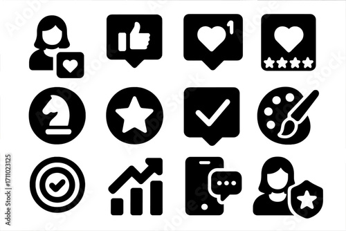 Social Media Metrics Icons. Solid style icons of influencer and content ratings: post like score, follower approval, engagement