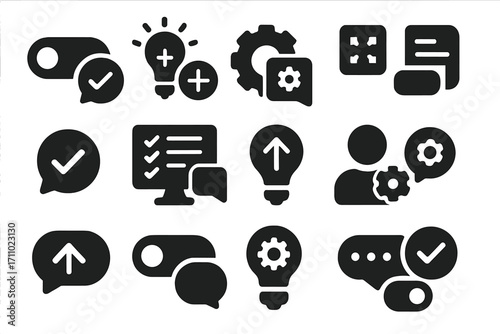 Feature Feedback Icons. Solid style icons of feature feedback: toggle request, add button idea, new setting suggestion,