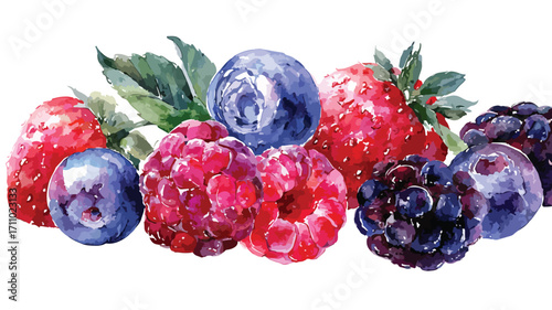 Vibrant Watercolor Berries Mix - Raspberry, Blueberry - Artistic Fruit Illustration