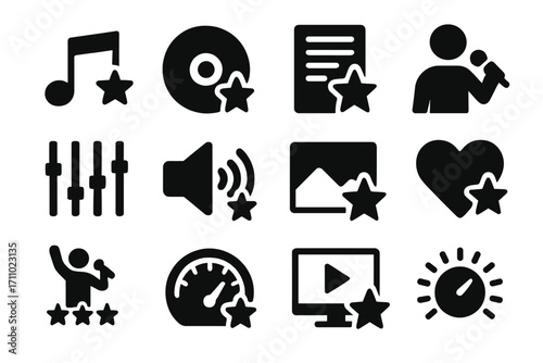 Music Rating Icons. Solid style icons of music ratings: track rating, album star, lyric quality, artist performance, genre meter,