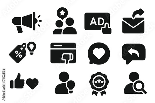 Marketing Feedback Icons. Solid style icons of marketing feedback: campaign comment, brand opinion, ad reaction, newsletter reply,