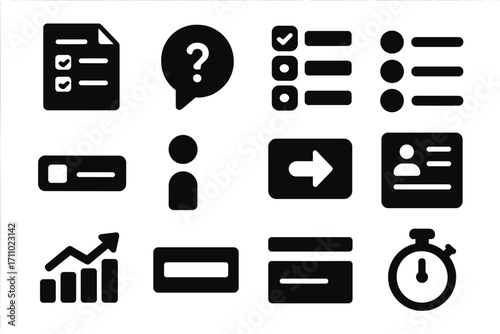 Survey Icon Set. Solid style icons of general surveys: survey form, question bubble, checkbox group, multiple choice list, text