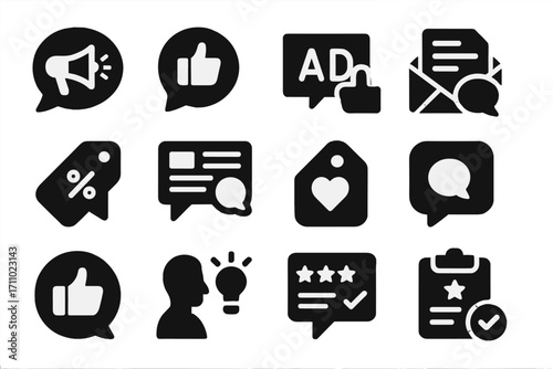 Marketing Feedback Icons. Solid style icons of marketing feedback: campaign comment, brand opinion, ad reaction, newsletter reply,