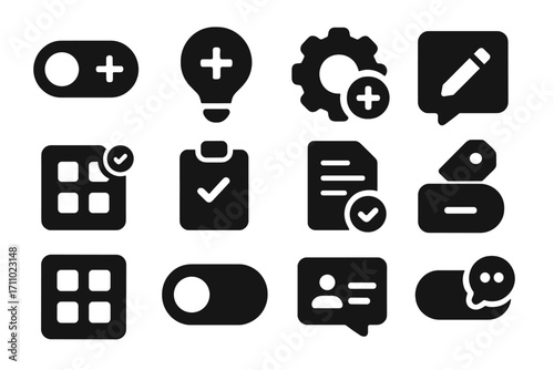 Feature Feedback Icons. Solid style icons of feature feedback: toggle request, add button idea, new setting suggestion,