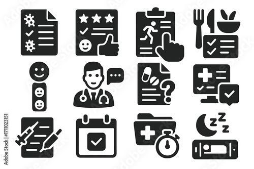 Health Survey Icons. Solid style icons of health surveys: symptom checklist, health rating, physical activity input, dietary habit