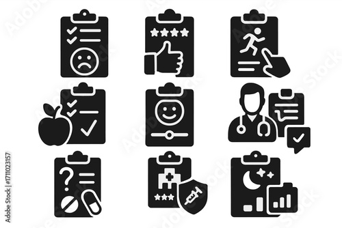 Health Survey Icons. Solid style icons of health surveys: symptom checklist, health rating, physical activity input, dietary habit