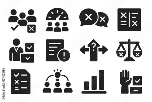 Conflict Resolution Icons. Solid style icons of conflict resolution polls: team decision vote, group disagreement meter, issue