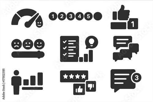 Feedback Icon Set. Solid style icons of feedback polls: opinion meter icon, scale from 1–5 bubble, satisfaction slider, feature
