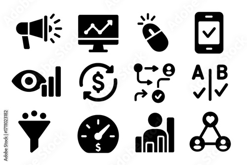 Marketing Statistics Icons. Solid style icons of marketing statistics: campaign reach, ad performance graph, click-through rate