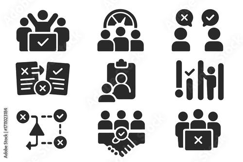 Conflict Resolution Icons. Solid style icons of conflict resolution polls: team decision vote, group disagreement meter, issue