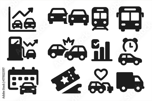 Transportation Statistics Icons. Solid style icons of transportation statistics: traffic flow chart, vehicle count, public transit
