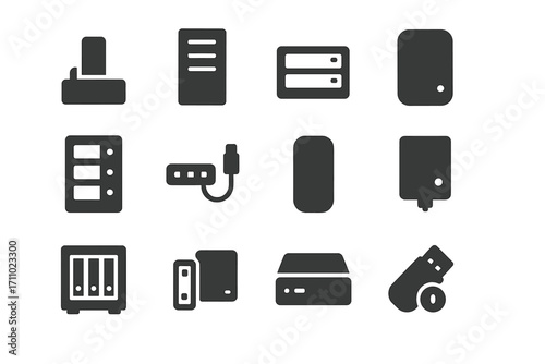 External Storage Icons. Solid style icons of external storage systems: docking station, RAID tower, media bay, portable NAS, multi