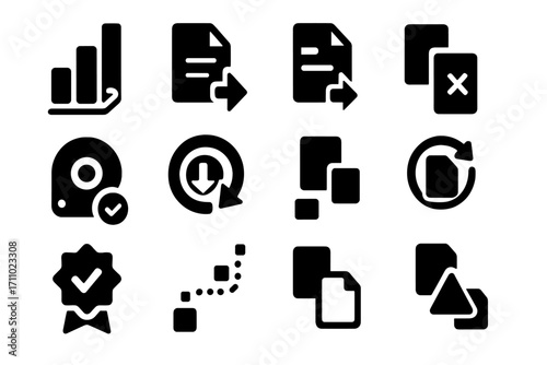 Backup Icon Set. Solid style icons of incremental and differential backups: step-by-step backup icon, file difference save,