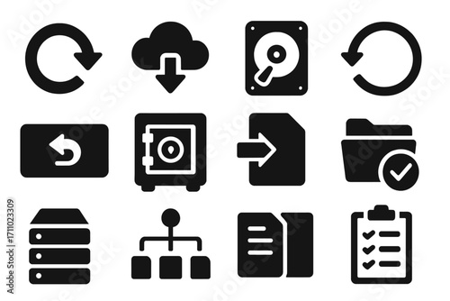 Backup Icons Collection. Solid style icons of general backup: backup icon, cloud backup, hard drive with arrow, backup cycle,
