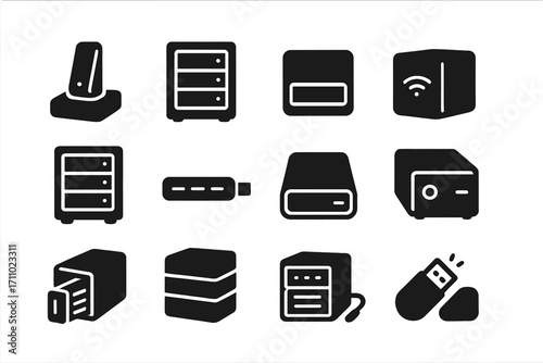 External Storage Icons. Solid style icons of external storage systems: docking station, RAID tower, media bay, portable NAS, multi