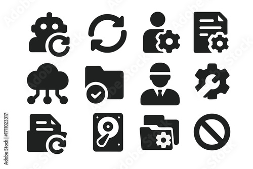 Automated Backup Icons. Solid style icons of automated backup: robot backup icon, smart sync arrow, background task icon, script