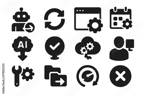 Automated Backup Icons. Solid style icons of automated backup: robot backup icon, smart sync arrow, background task icon, script