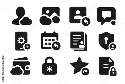 Personal Backup Icons. Solid style icons of personal backups: avatar with cloud, photos backup icon, contacts restore, messages