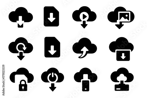 Cloud Download Icons. Solid style icons of cloud download: cloud with arrow down, file from cloud icon, media download cloud,